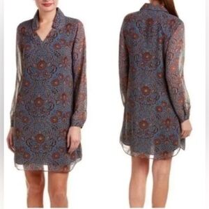 CAbi French Provincial Blue Brown Tan Long Sleeve Lined Shirt Dress Leaf size:XS